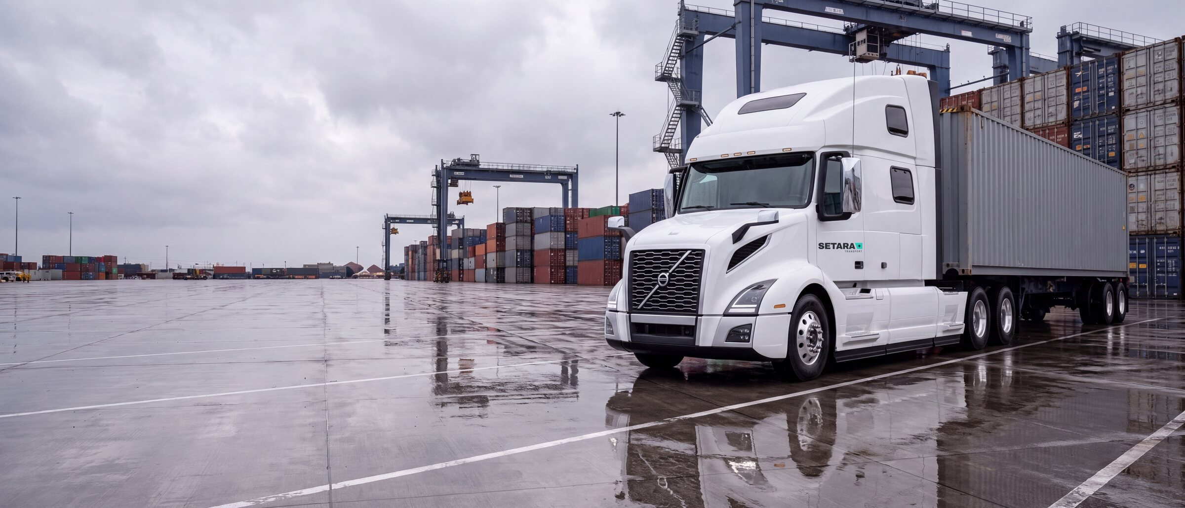 White truck hauling a shipping container at an intermodal terminal